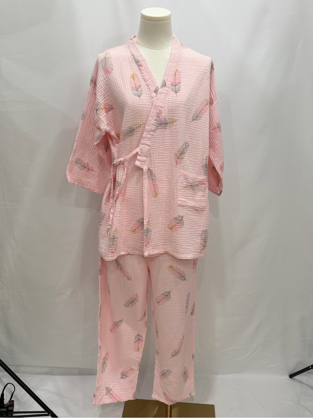 3-Piece Cotton Gauze Kimono Robe Pajama Set Pink Feather XL